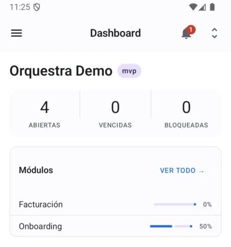 Dashboard de Orquestra en Android